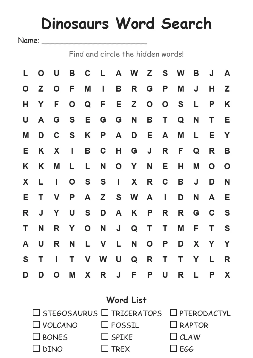 Dinosaurs word search worksheet for Grade 3
