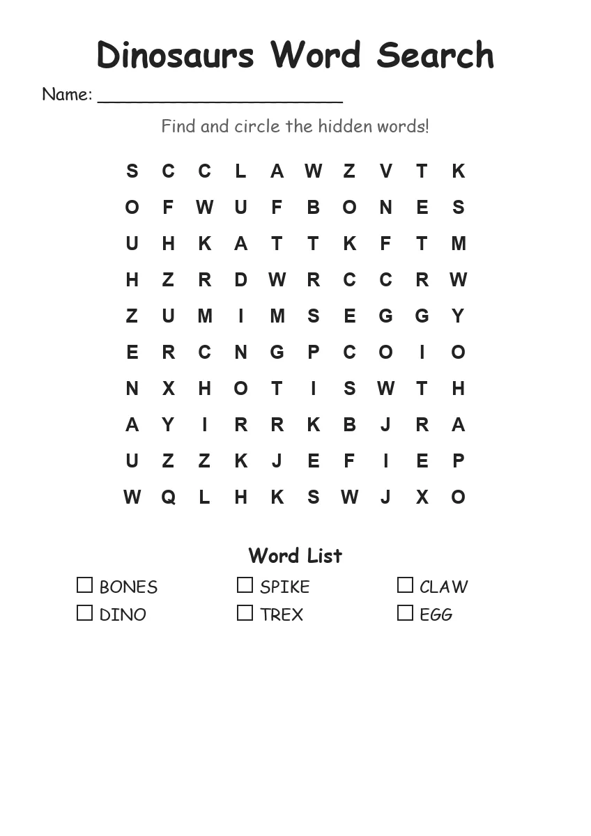 Dinosaurs word search worksheet for Kindergarten