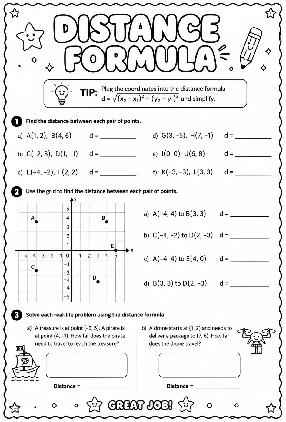Distance formula — free printable Geometry math worksheet