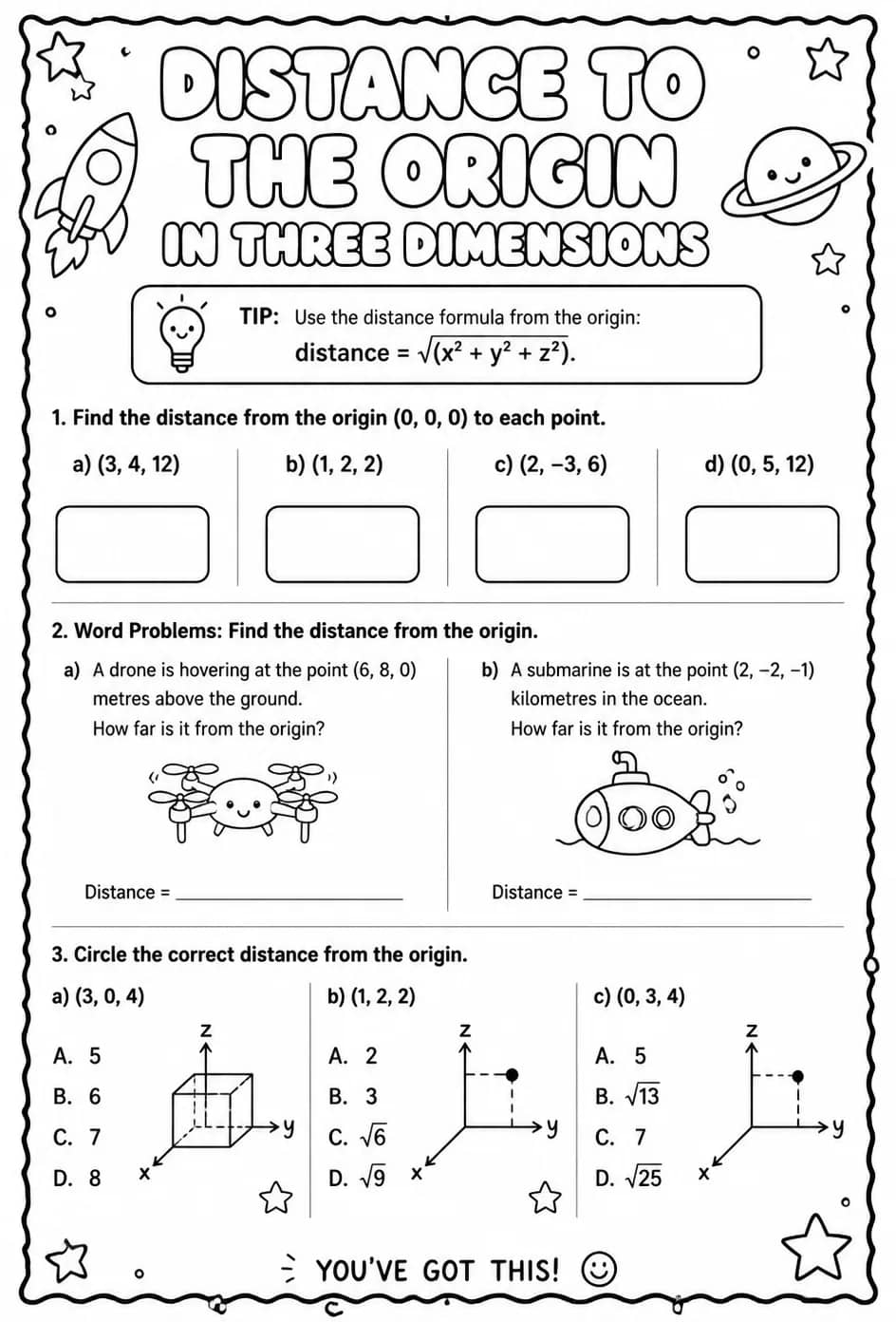 Distance to the origin in three dimensions — free printable Geometry math worksheet
