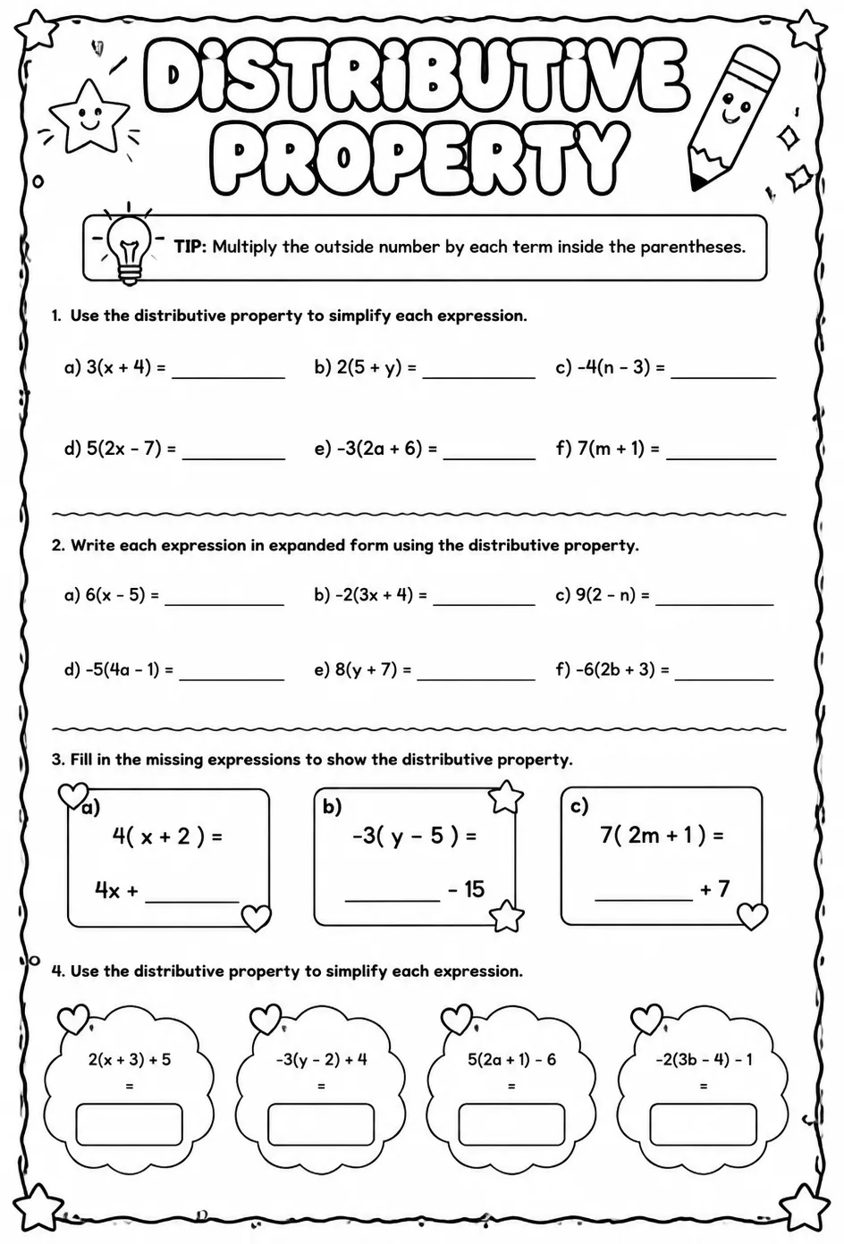 Distributive property — free printable Algebra 1 math worksheet