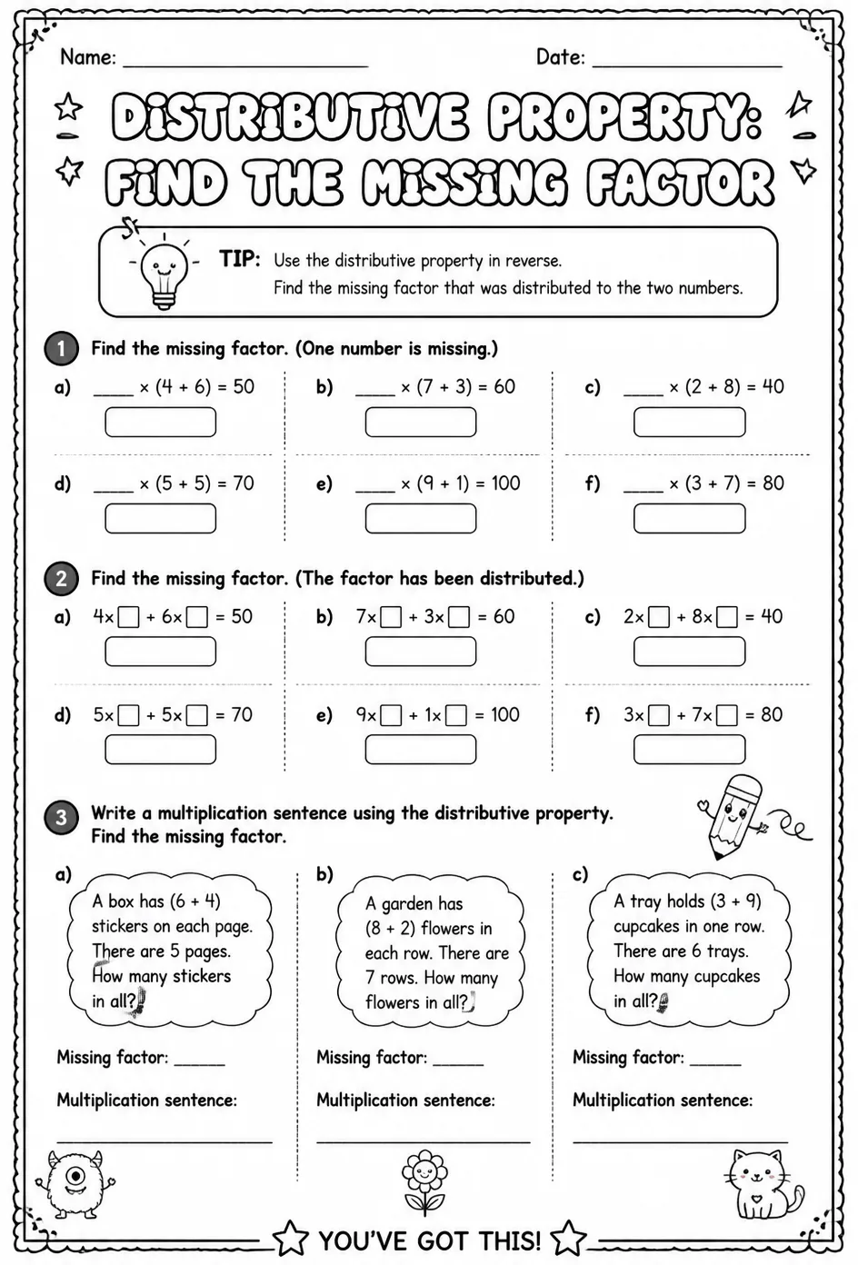 Distributive property: find the missing factor — free printable Grade 3 math worksheet