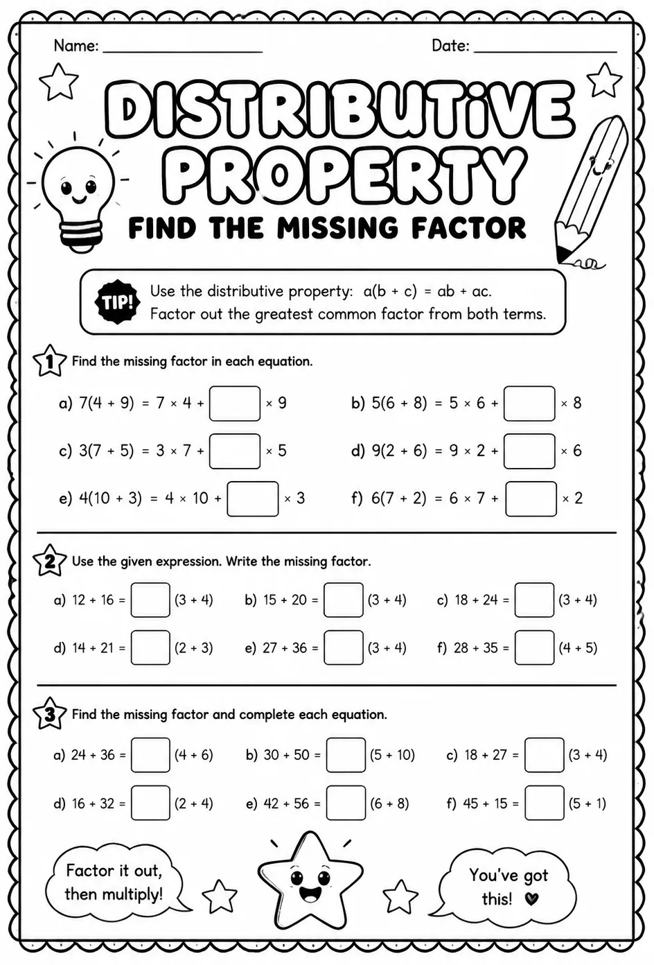 Distributive property: find the missing factor — free printable Grade 4 math worksheet