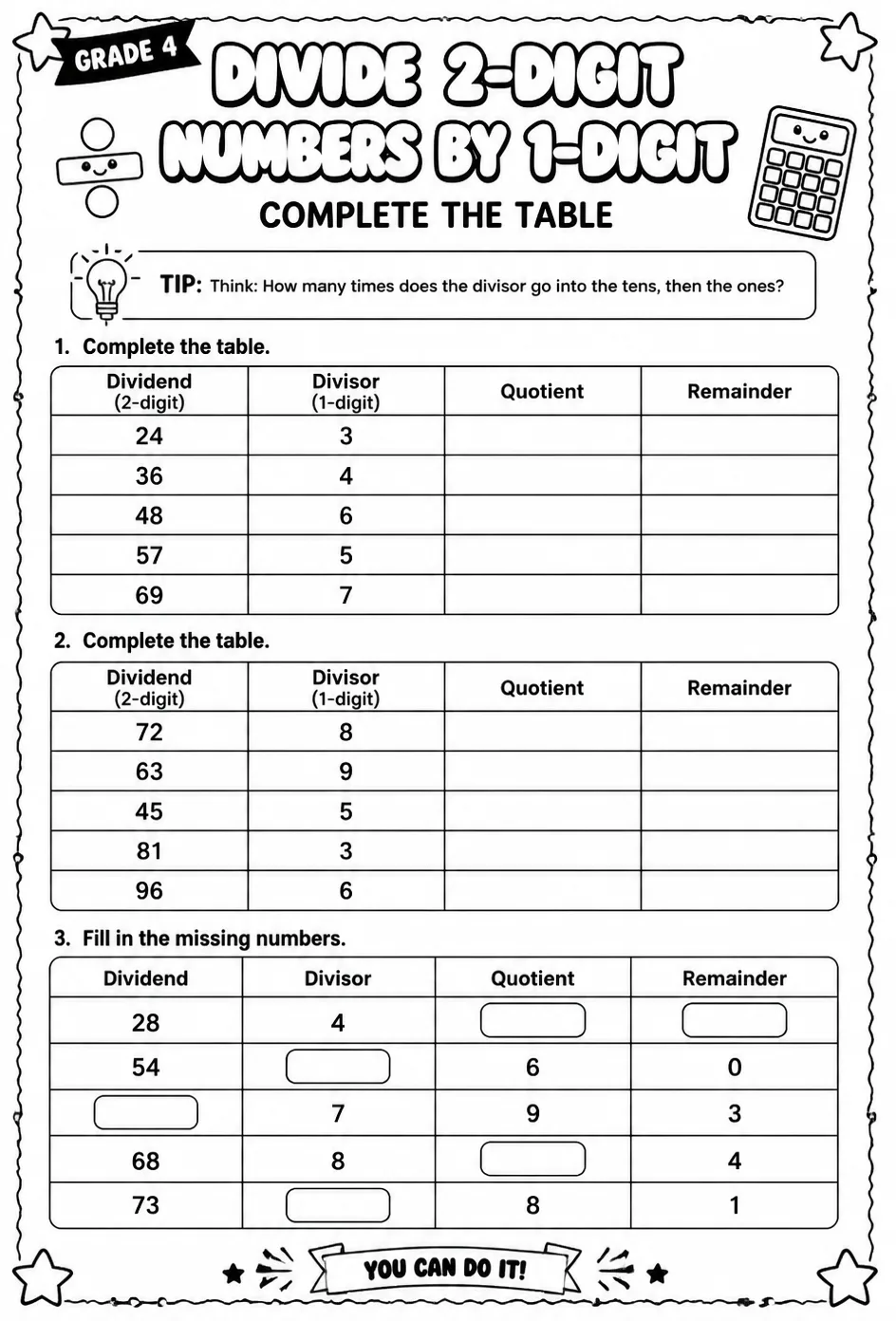 Divide 2-digit numbers by 1-digit numbers: complete the table — free printable Grade 4 math worksheet