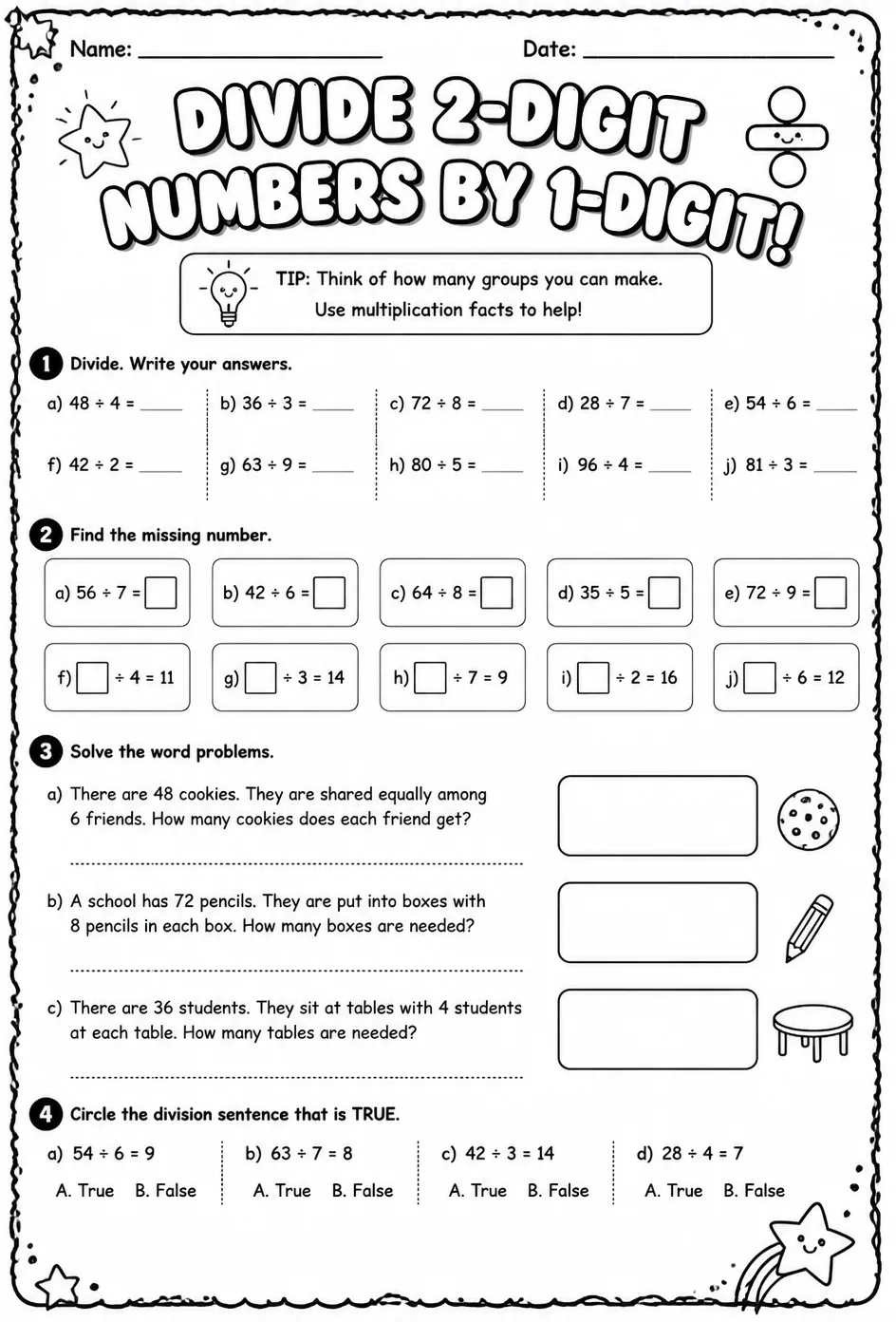 Divide 2-digit numbers by 1-digit numbers — free printable Grade 4 math worksheet