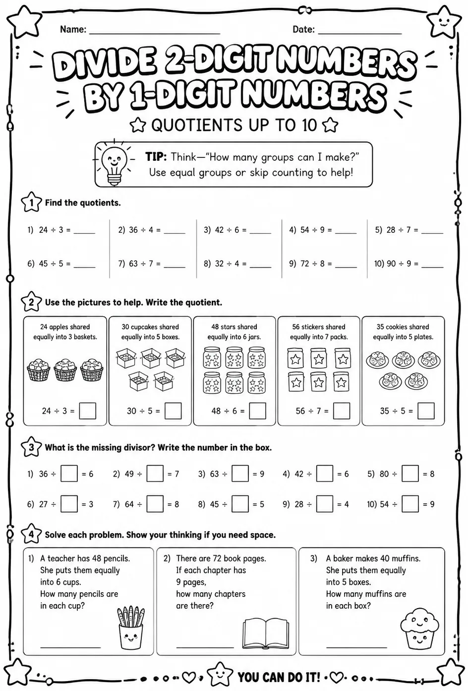 Divide 2-digit numbers by 1-digit numbers: quotients up to 10 — free printable Grade 4 math worksheet