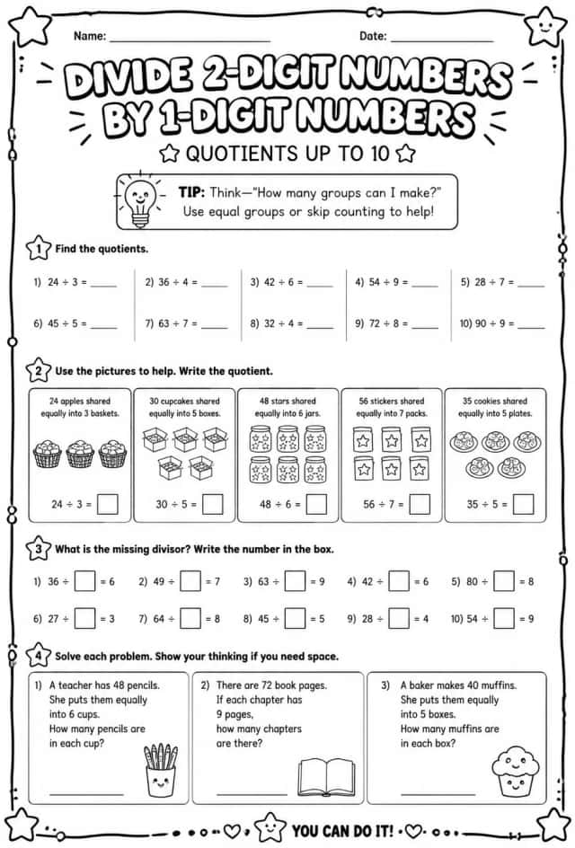 Divide 2-digit numbers by 1-digit numbers: quotients up to 10