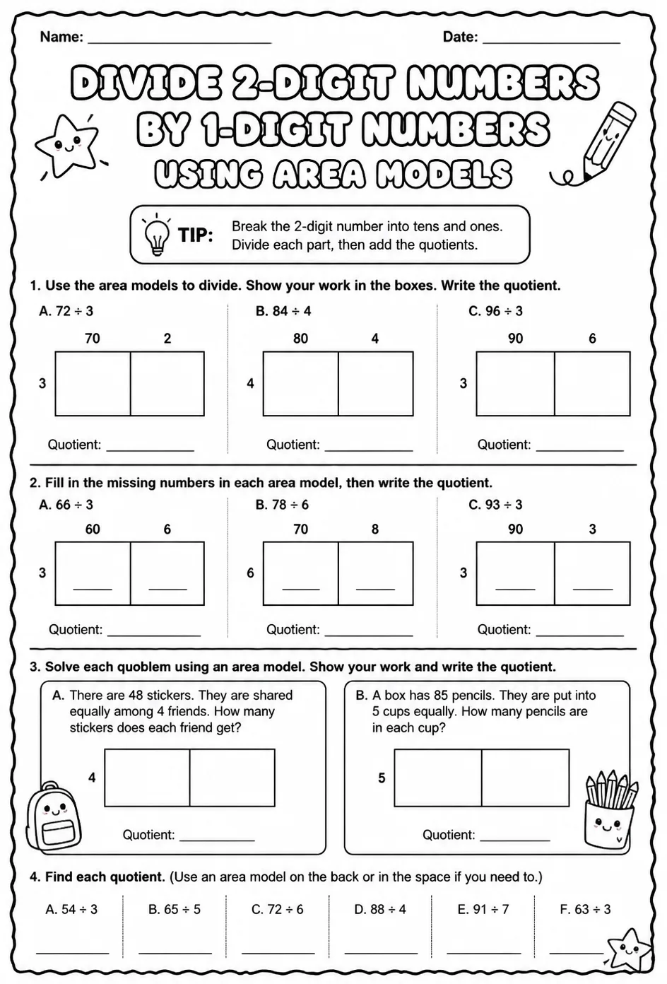 Divide 2-digit numbers by 1-digit numbers using area models — free printable Grade 4 math worksheet