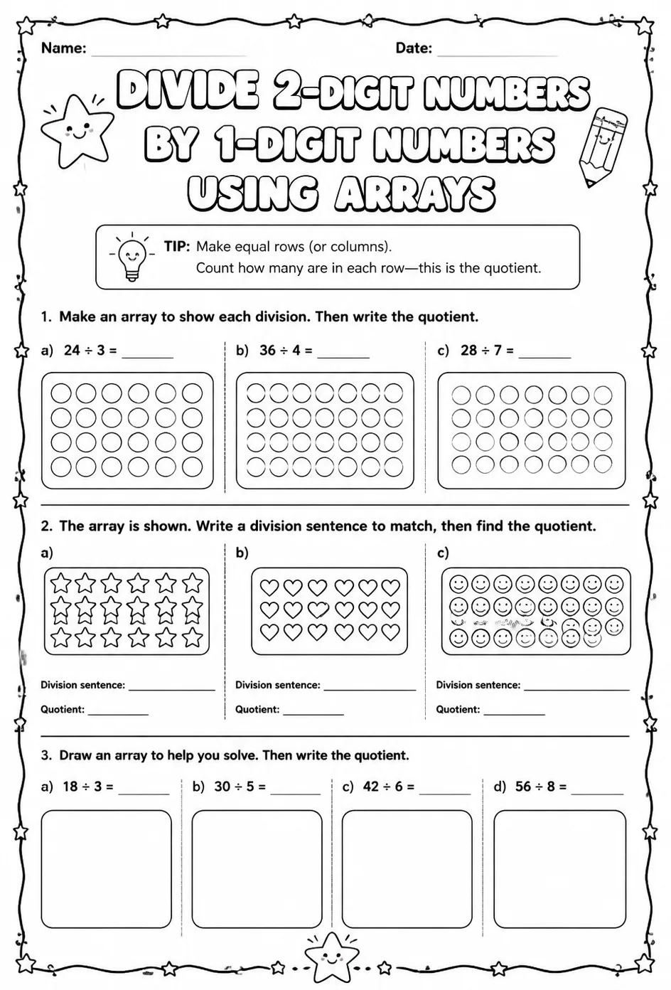 Divide 2-digit numbers by 1-digit numbers using arrays — free printable Grade 4 math worksheet