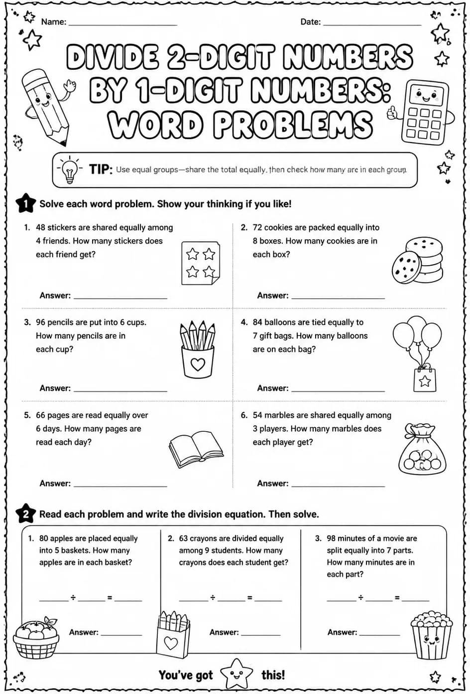Divide 2-digit numbers by 1-digit numbers: word problems — free printable Grade 4 math worksheet