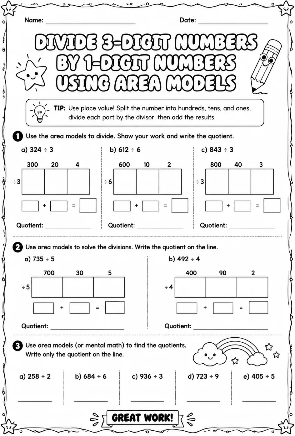 Divide 3-digit numbers by 1-digit numbers using area models — free printable Grade 4 math worksheet