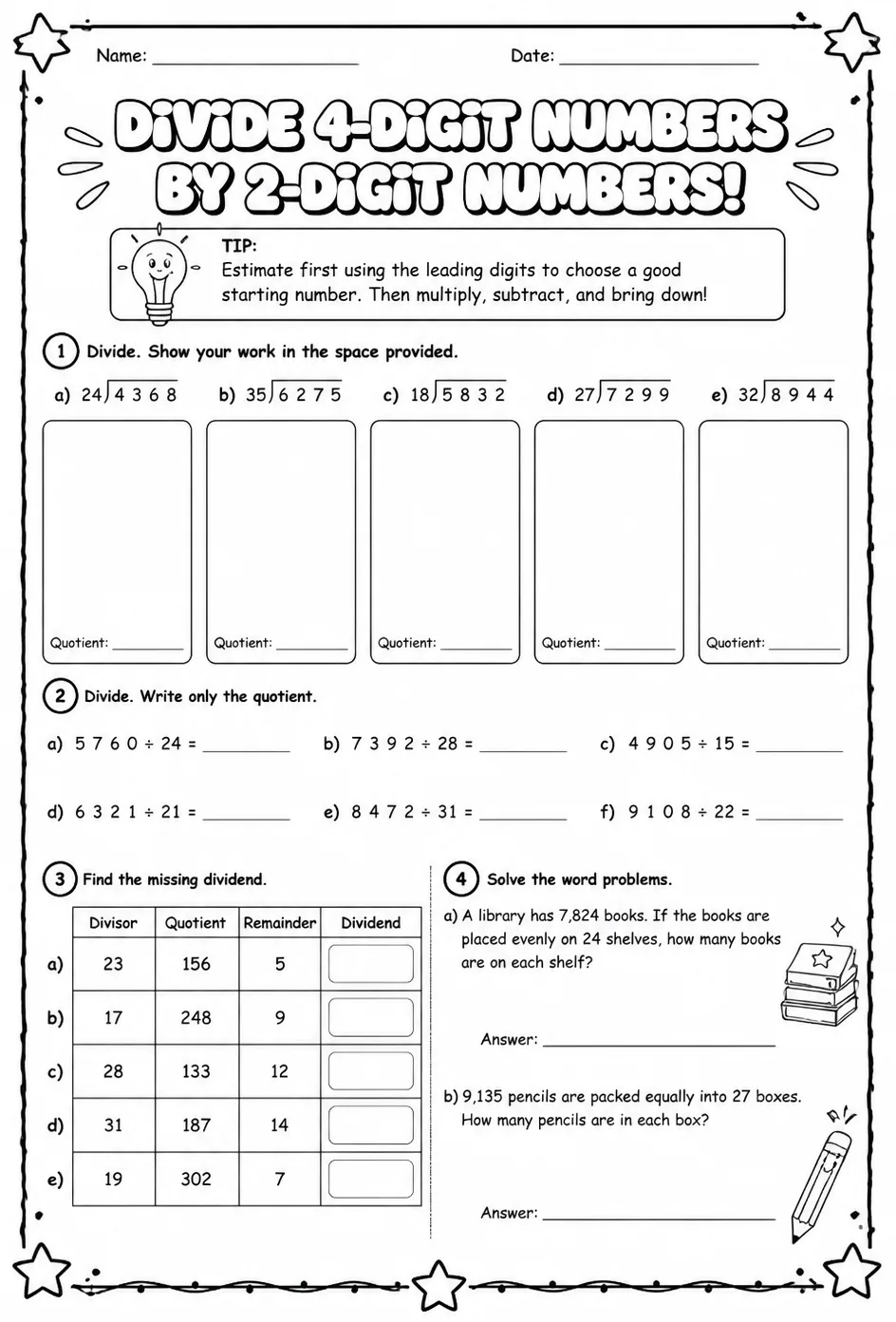 Divide 4-digit numbers by 2-digit numbers — free printable Grade 5 math worksheet