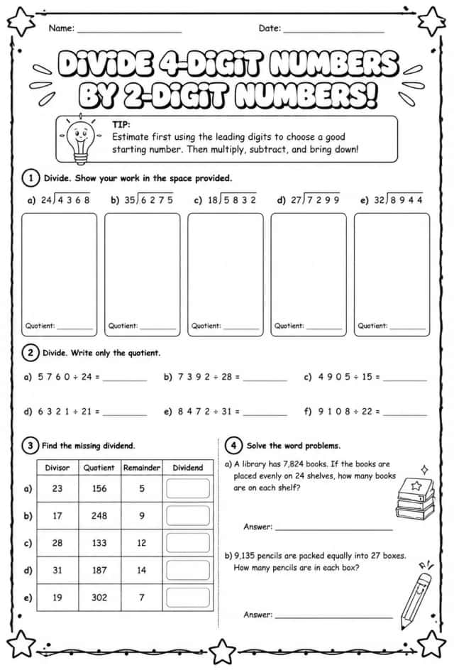 Divide 4-digit numbers by 2-digit numbers
