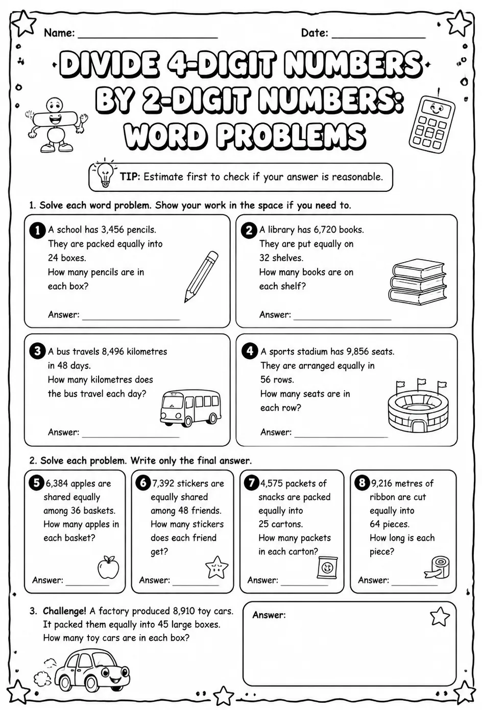 Divide 4-digit numbers by 2-digit numbers: word problems — free printable Grade 5 math worksheet