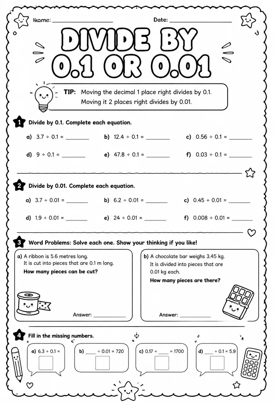 Divide by 0.1 or 0.01 — free printable Grade 5 math worksheet