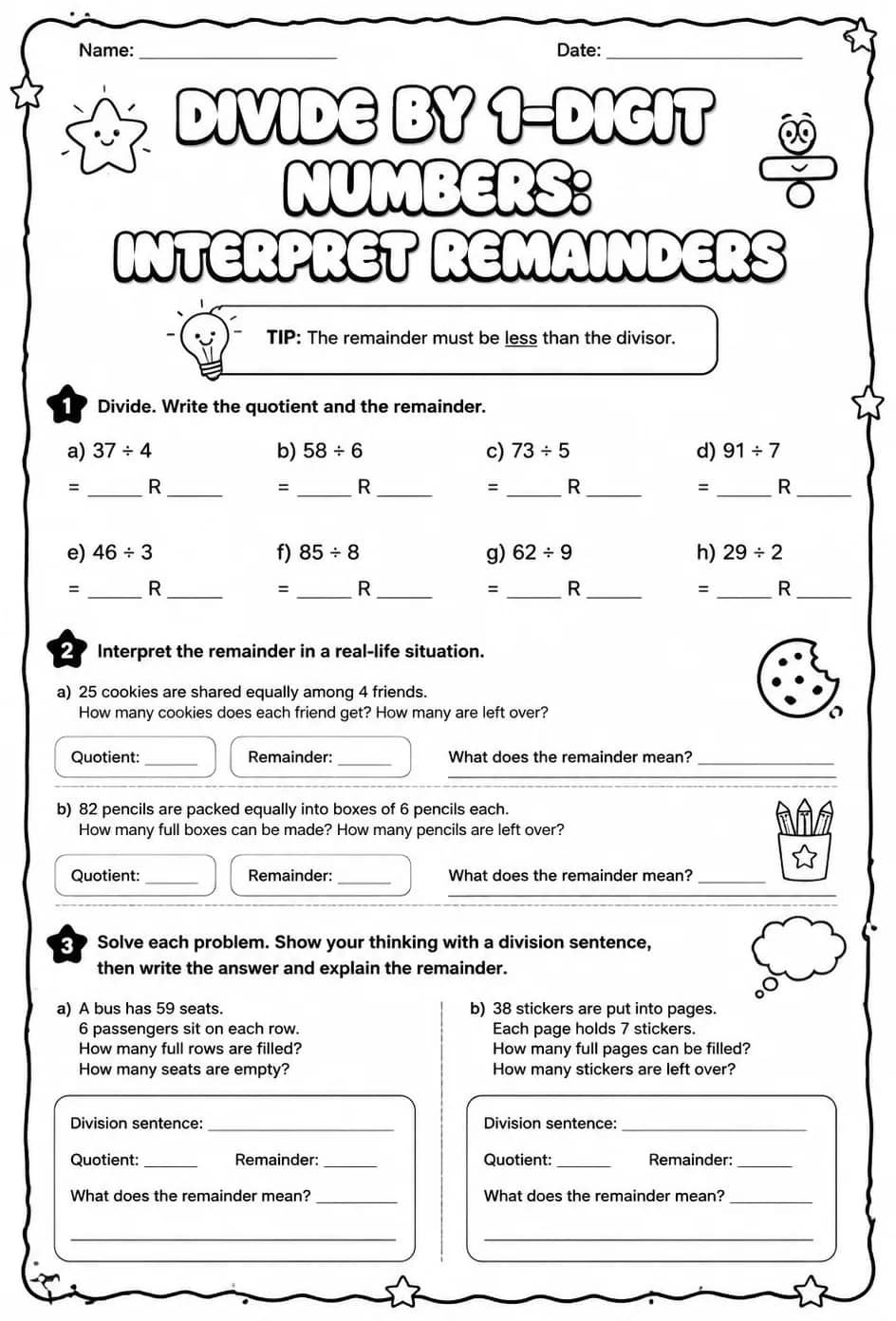 Divide by 1-digit numbers: interpret remainders — free printable Grade 5 math worksheet