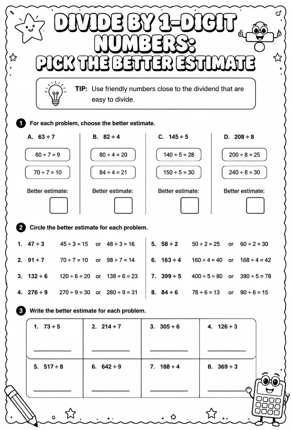 Divide by 1-digit numbers: pick the better estimate — free printable Grade 4 math worksheet