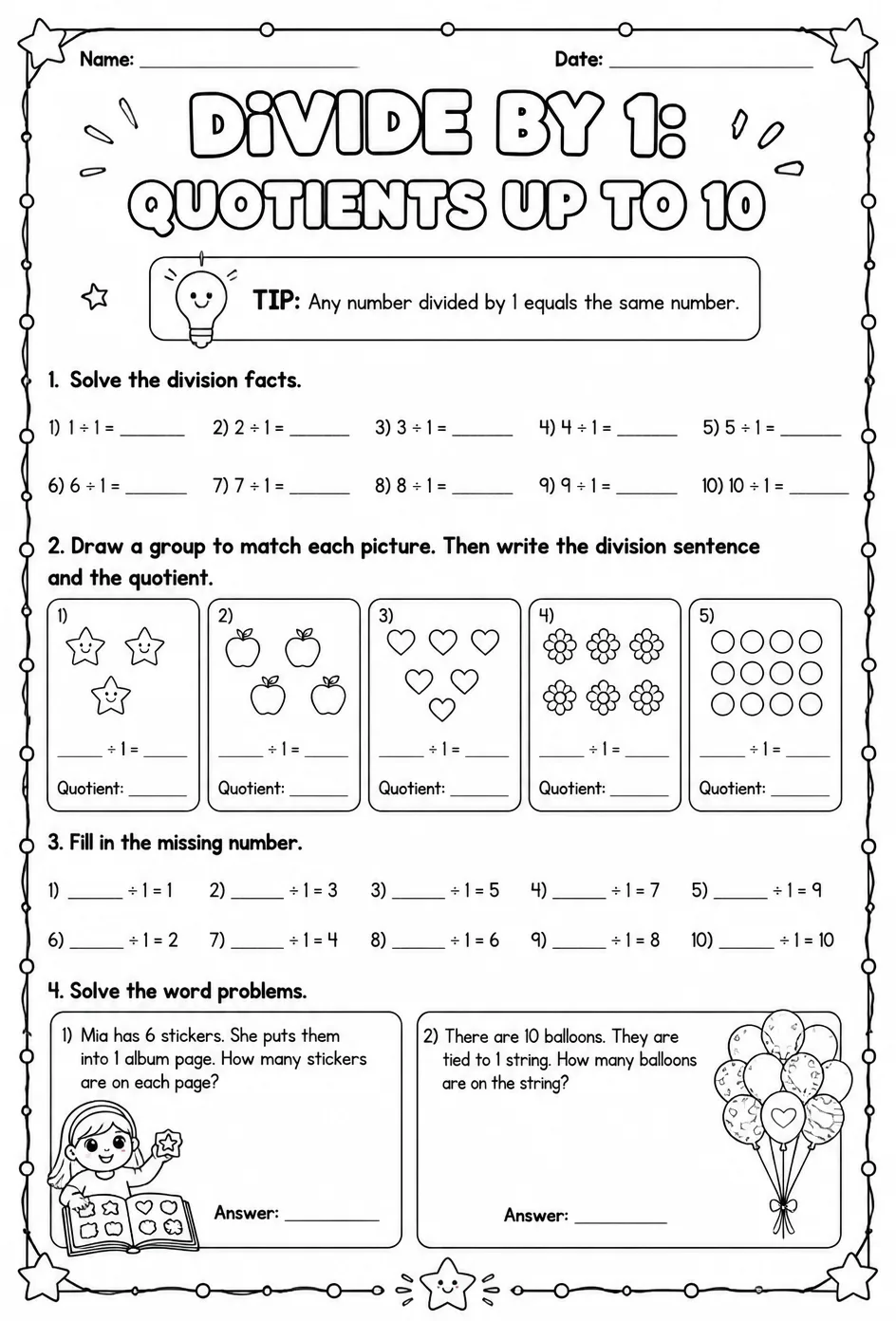 Divide by 1: quotients up to 10 — free printable Grade 3 math worksheet