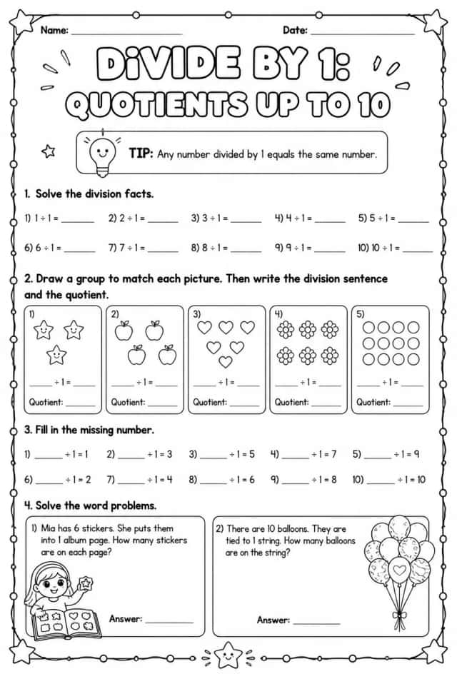 Divide by 1: quotients up to 10