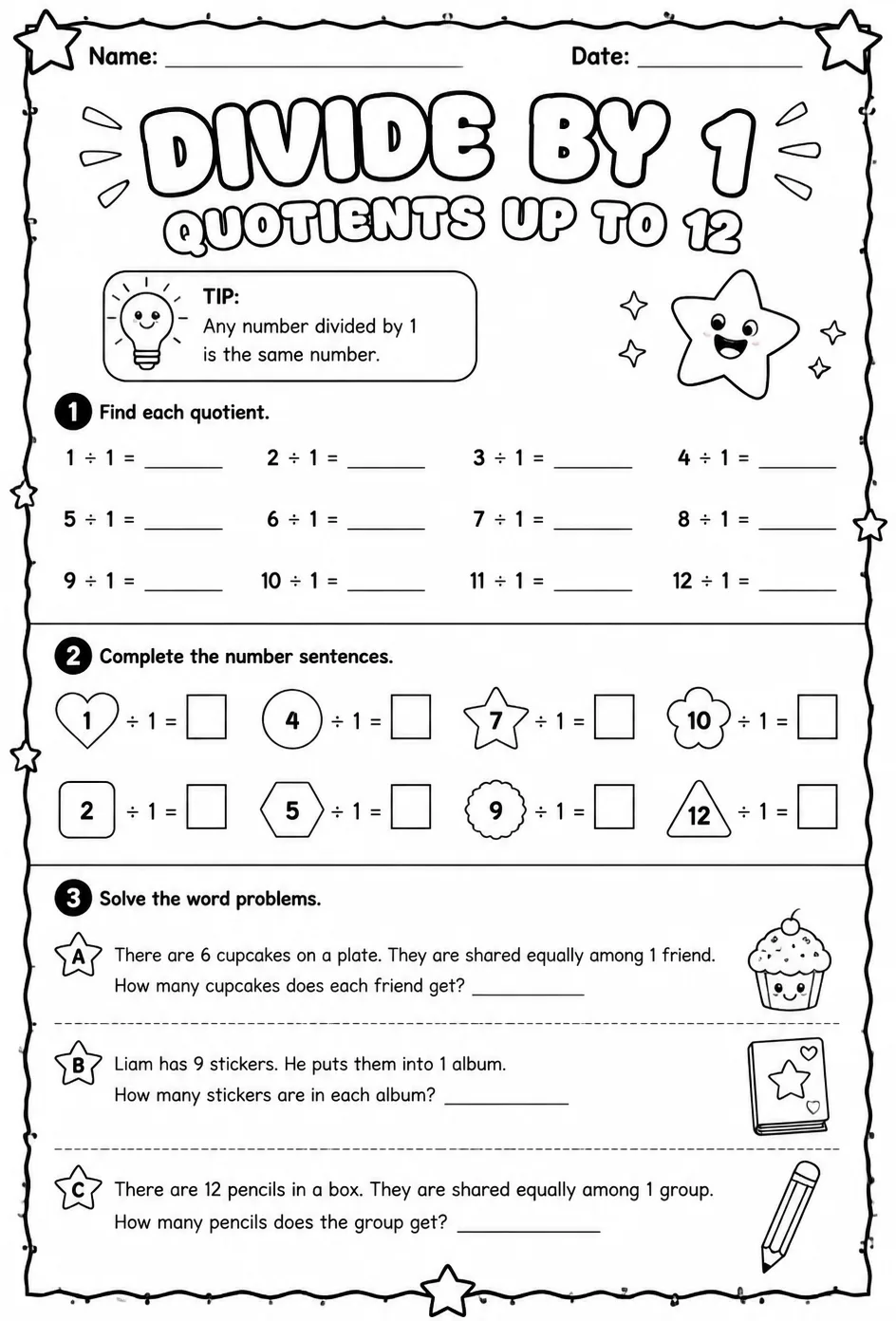 Divide by 1: quotients up to 12 — free printable Grade 3 math worksheet