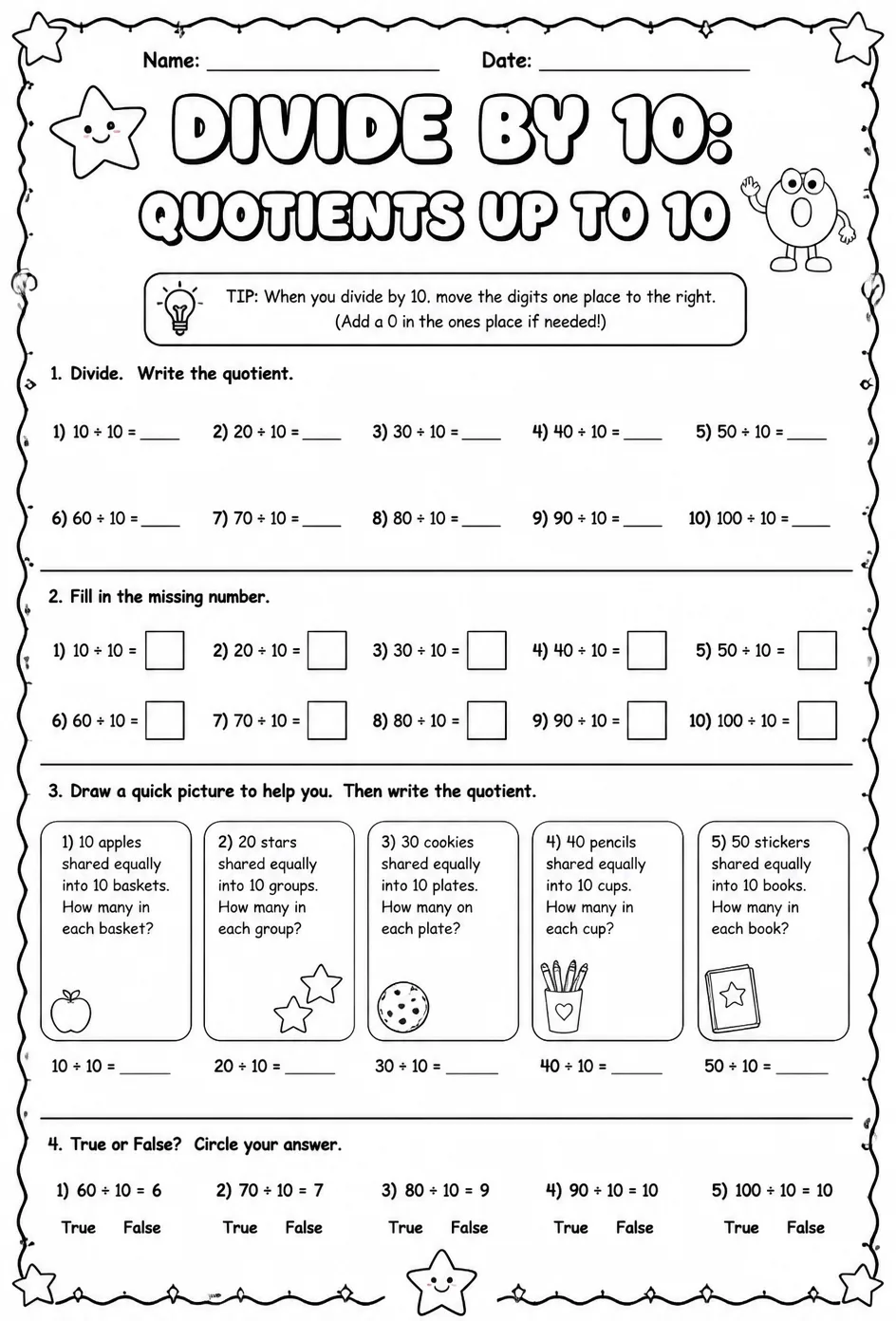 Divide by 10: quotients up to 10 — free printable Grade 3 math worksheet