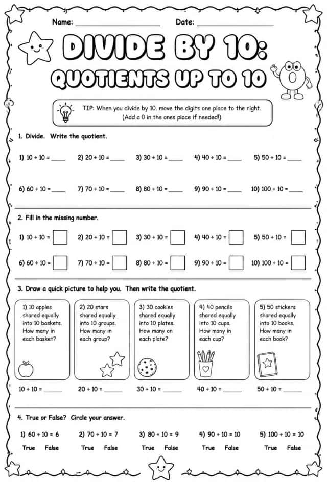 Divide by 10: quotients up to 10