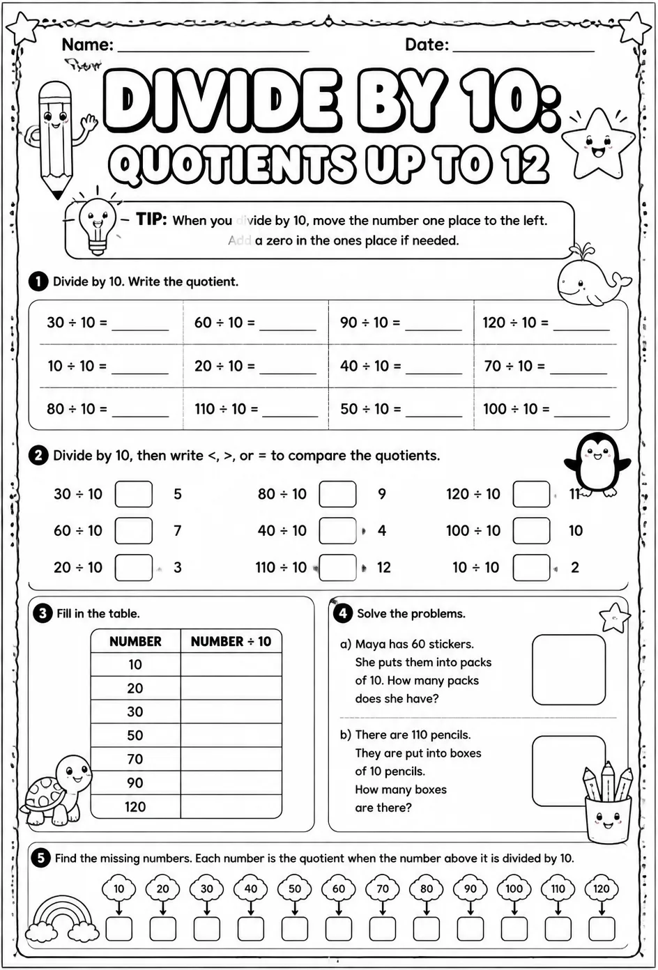 Divide by 10: quotients up to 12 — free printable Grade 3 math worksheet