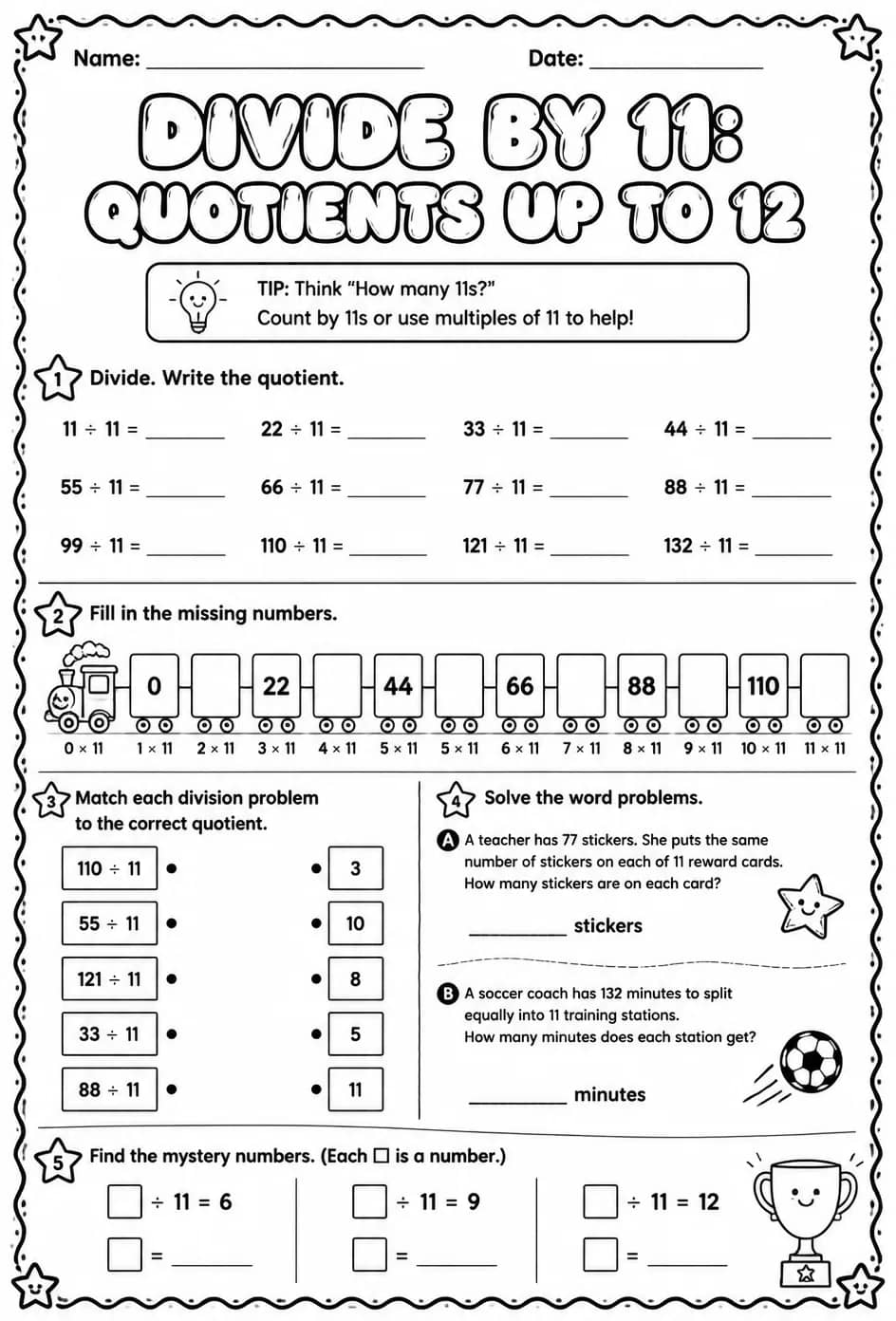 Divide by 11: quotients up to 12 — free printable Grade 3 math worksheet