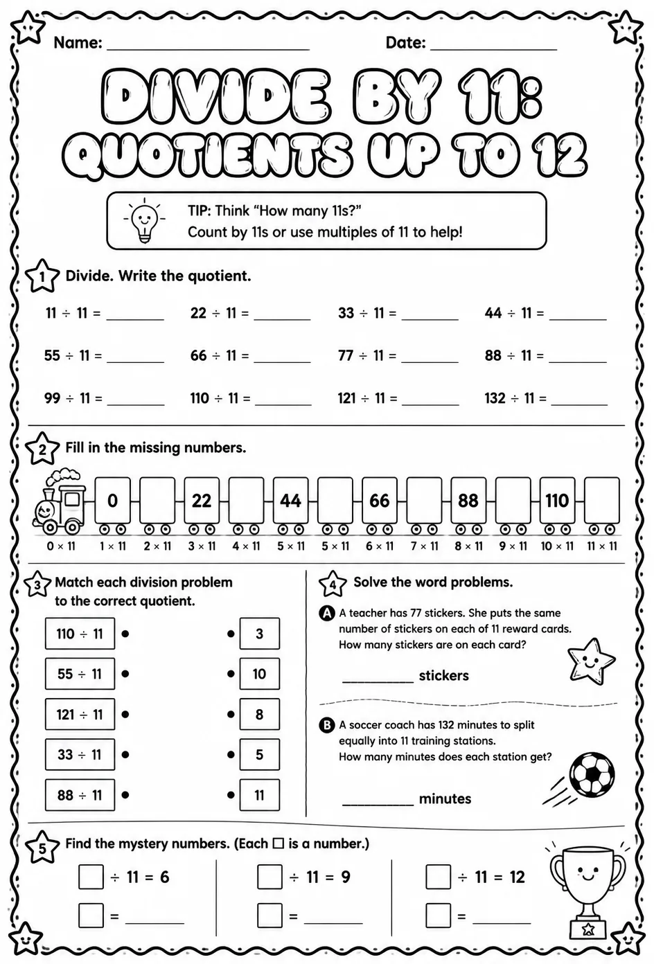 Divide by 11: quotients up to 12 — free printable Grade 3 math worksheet