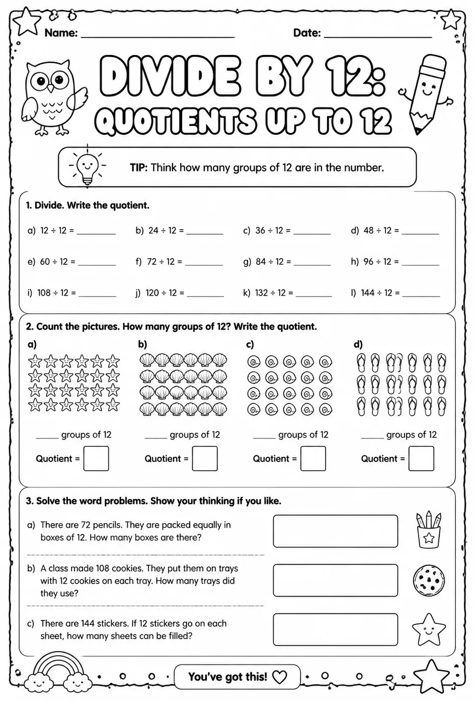 Divide by 12: quotients up to 12 — free printable Grade 3 math worksheet