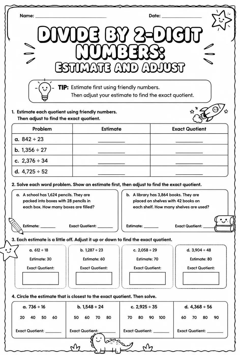 Divide by 2-digit numbers: estimate and adjust — free printable Grade 5 math worksheet