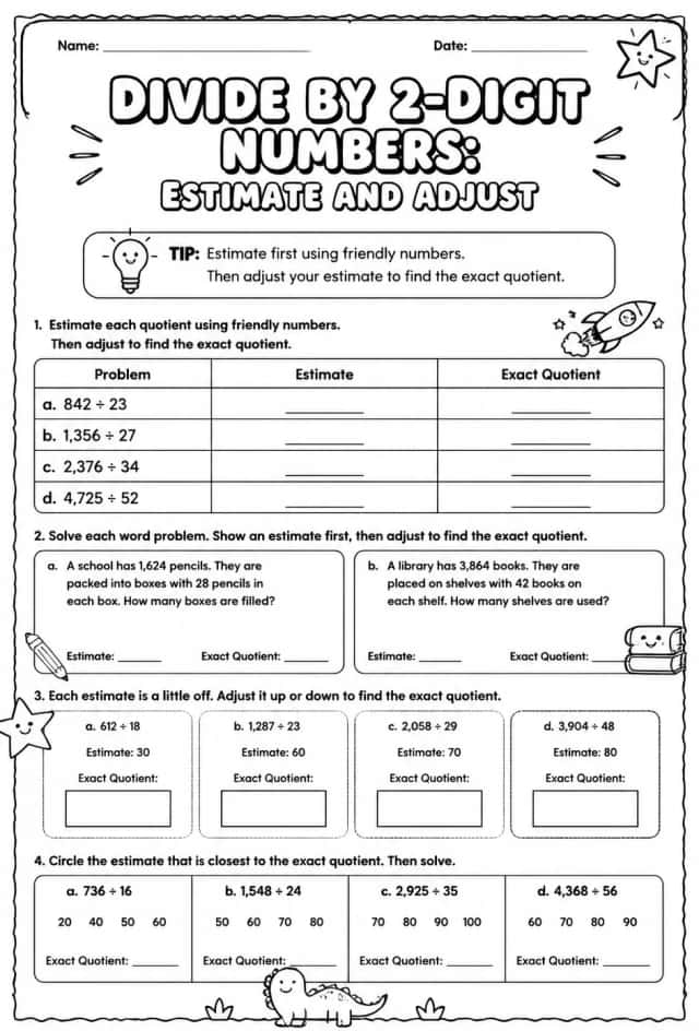 Divide by 2-digit numbers: estimate and adjust