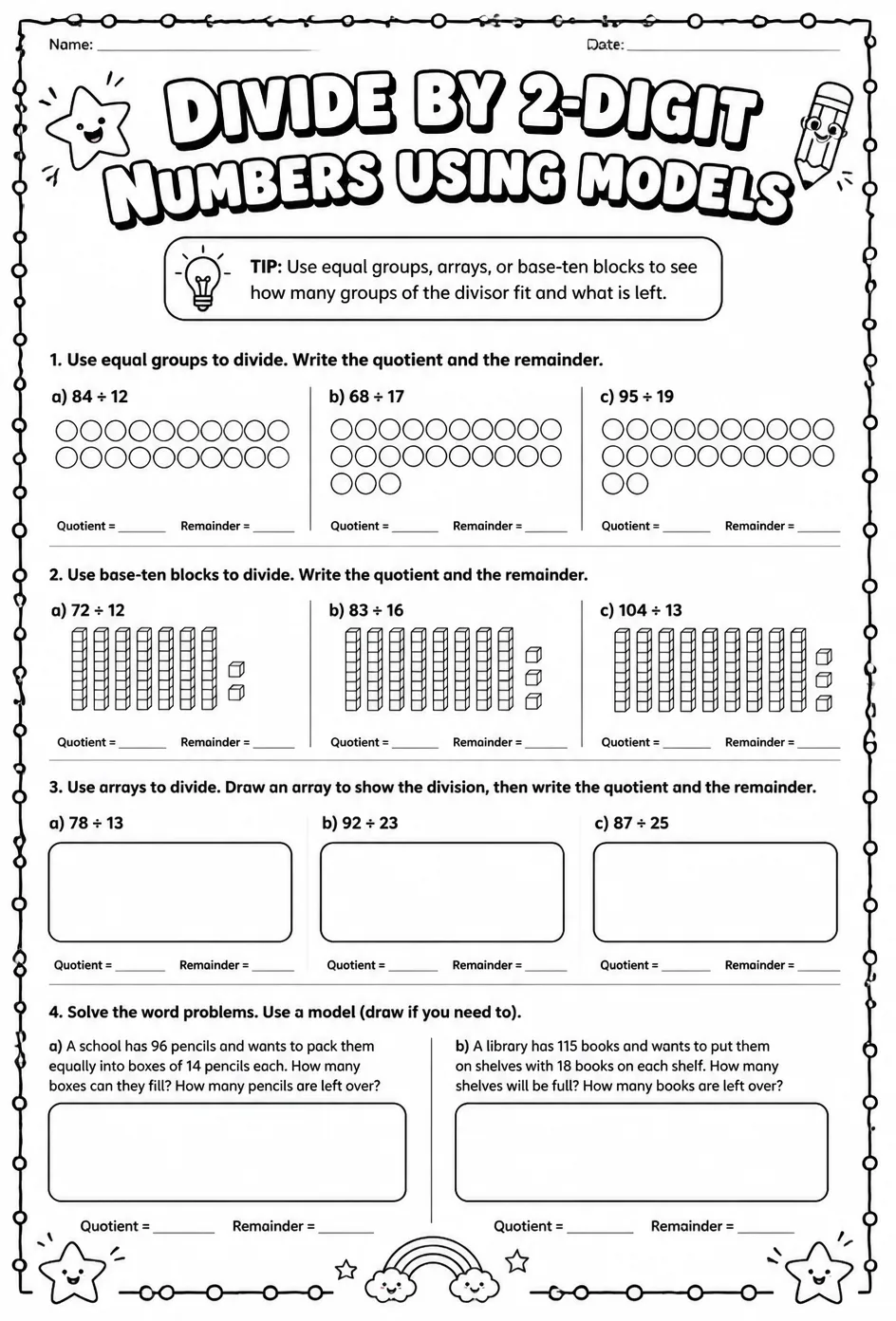 Divide by 2-digit numbers using models — free printable Grade 5 math worksheet