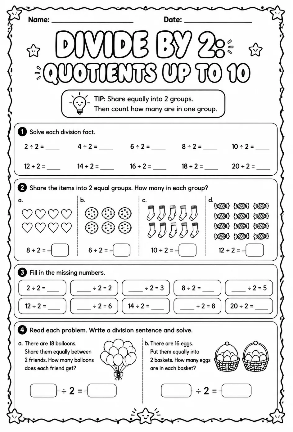 Divide by 2: quotients up to 10 — free printable Grade 3 math worksheet