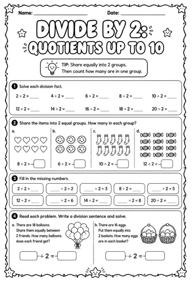 Divide by 2: quotients up to 10
