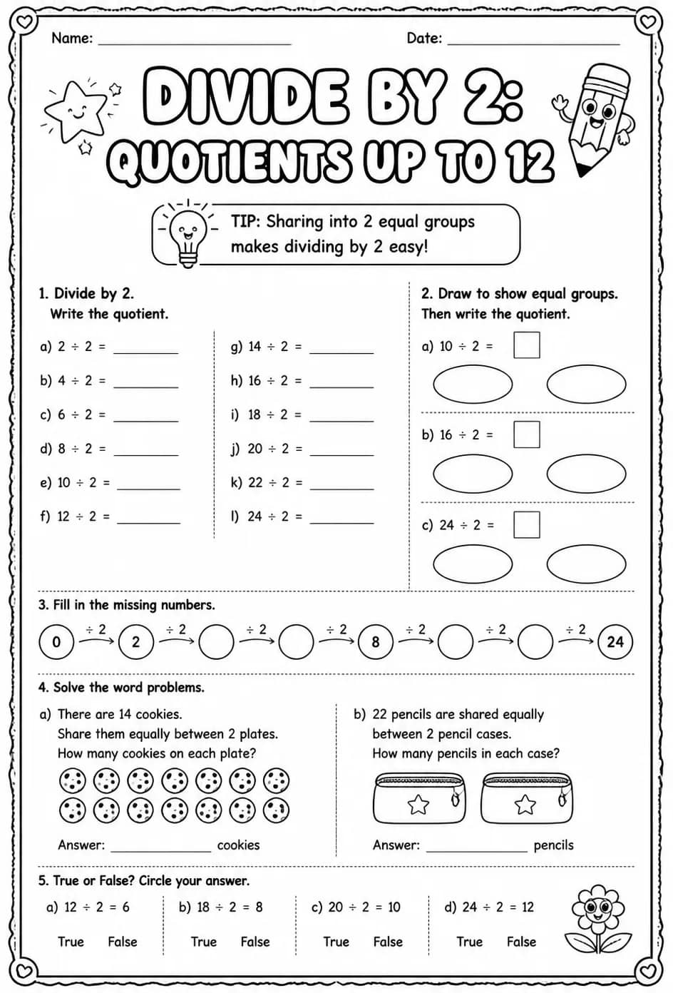 Divide by 2: quotients up to 12 — free printable Grade 3 math worksheet