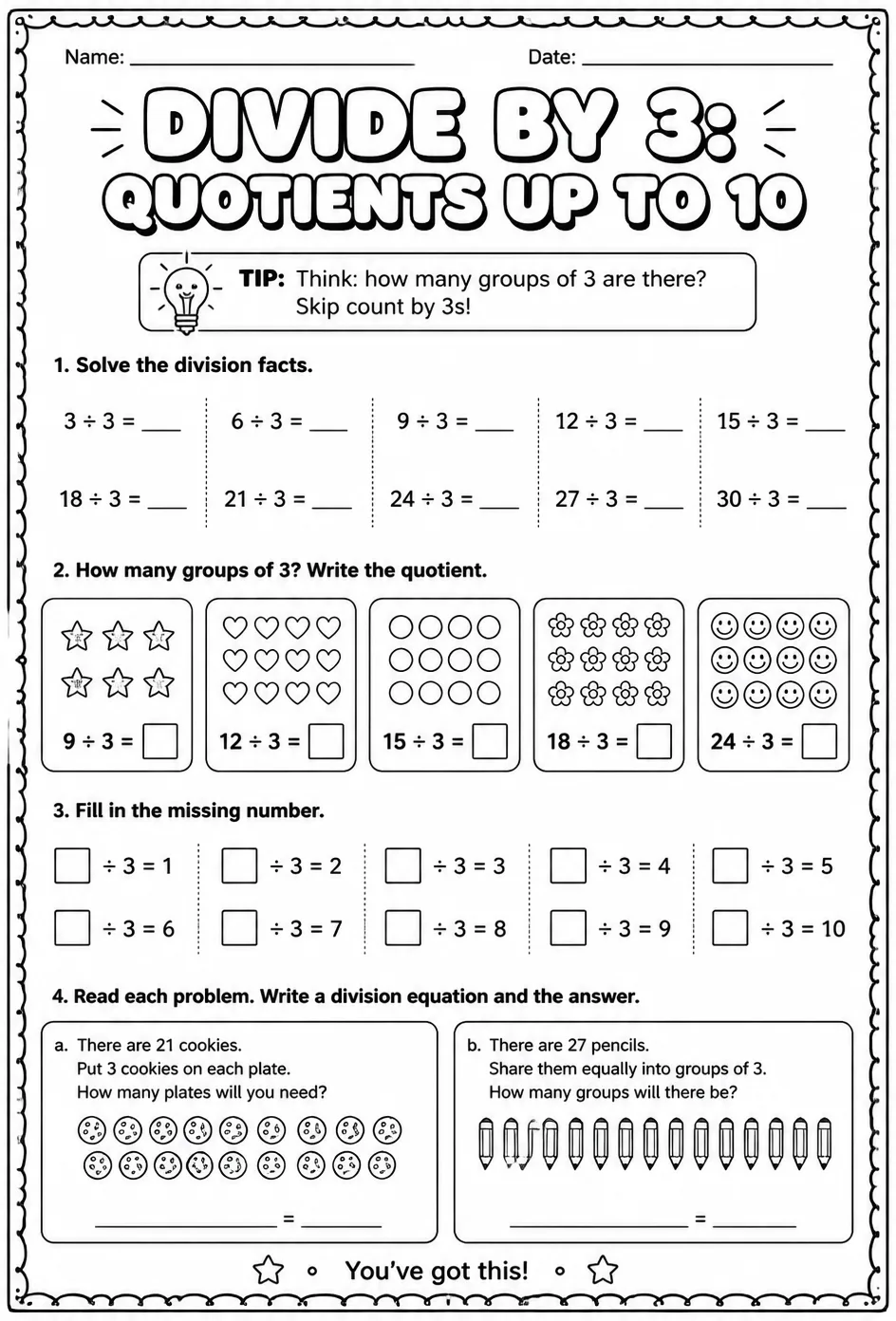 Divide by 3: quotients up to 10 — free printable Grade 3 math worksheet