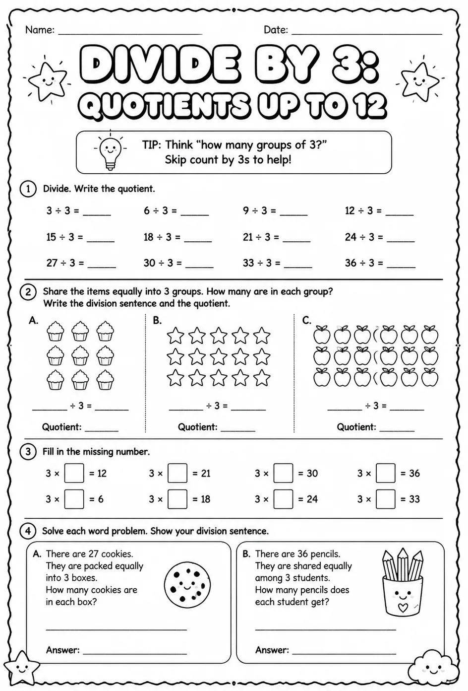 Divide by 3: quotients up to 12 — free printable Grade 3 math worksheet