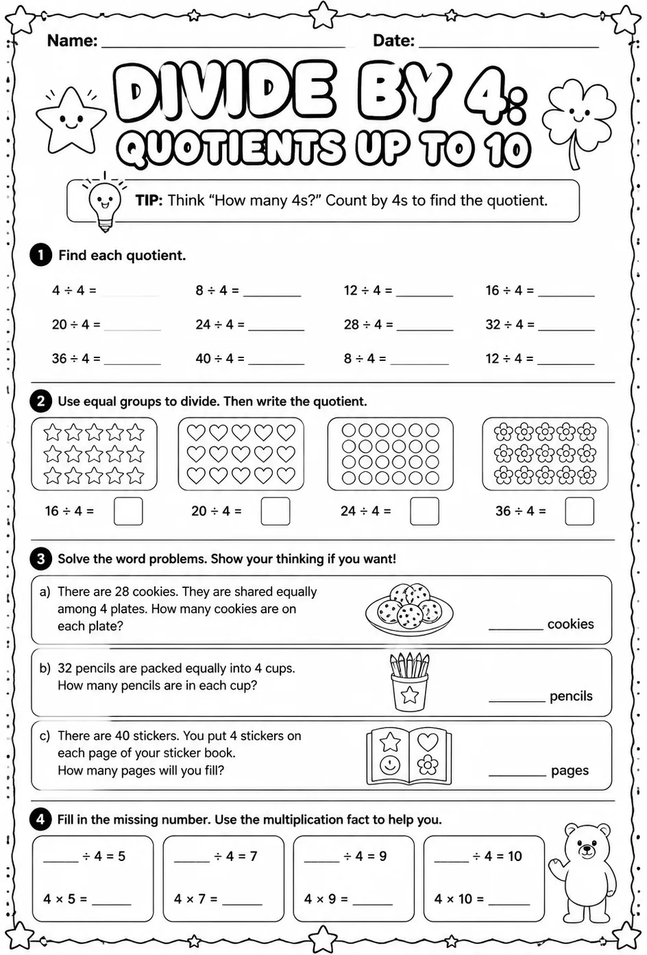Divide by 4: quotients up to 10 — free printable Grade 3 math worksheet