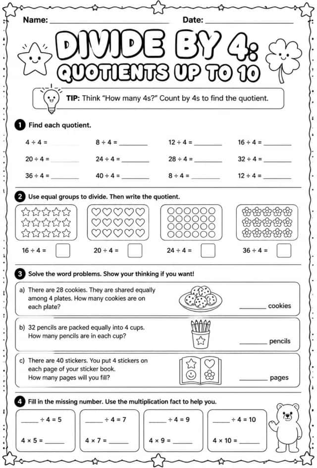 Divide by 4: quotients up to 10