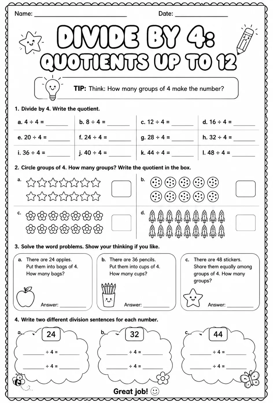 Divide by 4: quotients up to 12 — free printable Grade 3 math worksheet