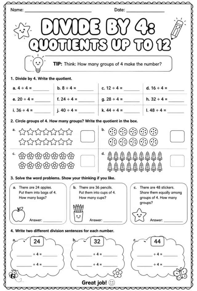 Divide by 4: quotients up to 12