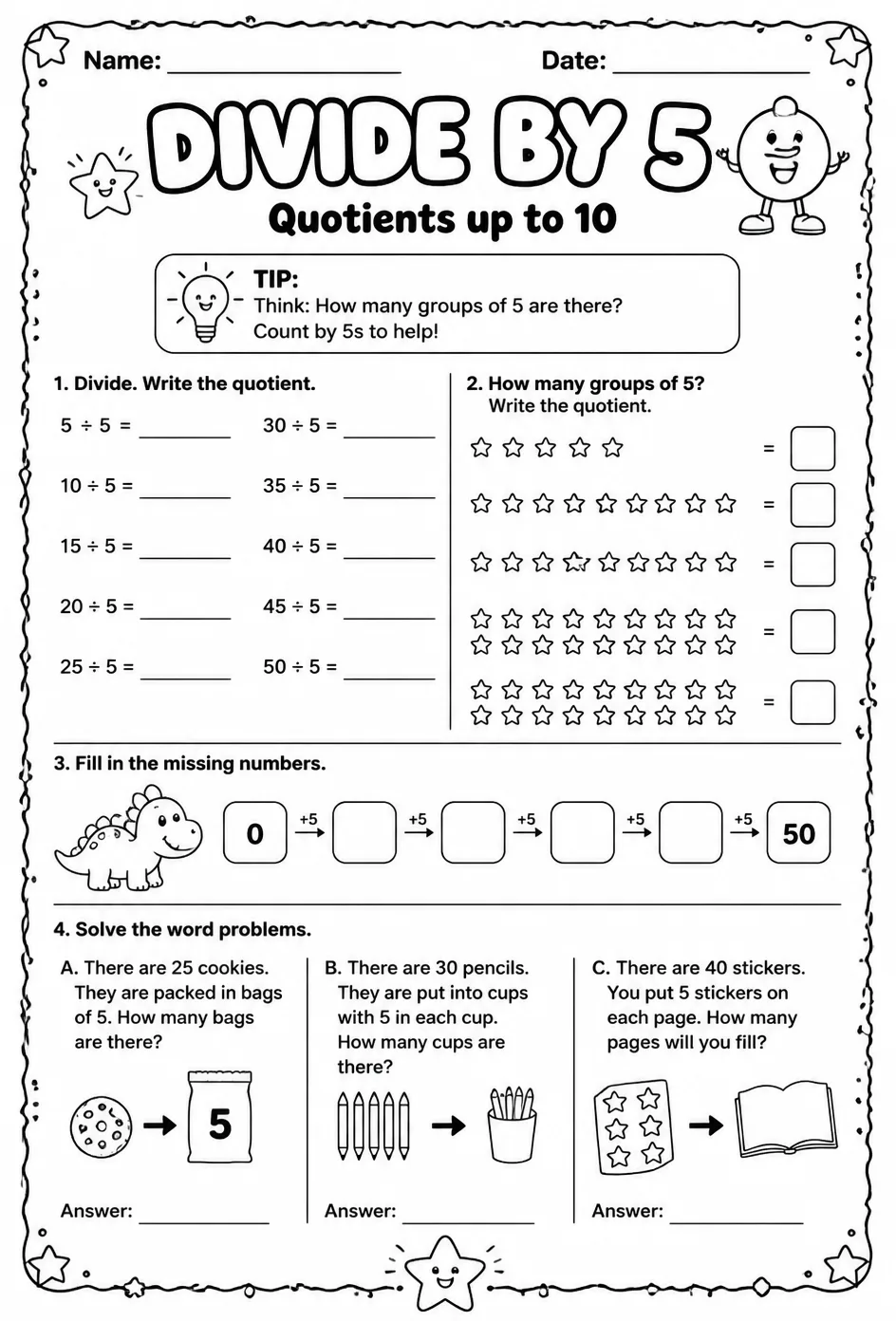 Divide by 5: quotients up to 10 — free printable Grade 3 math worksheet