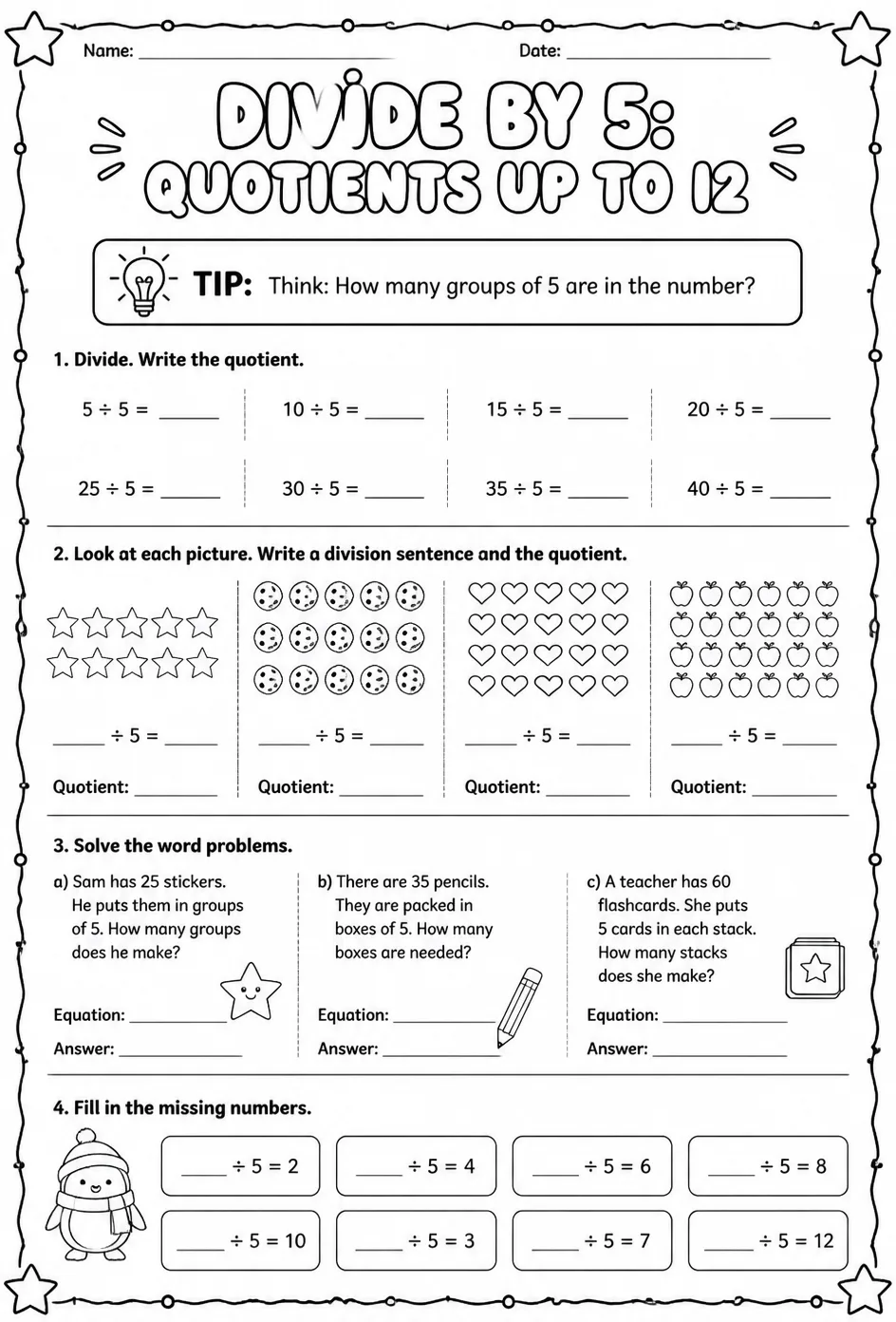 Divide by 5: quotients up to 12 — free printable Grade 3 math worksheet