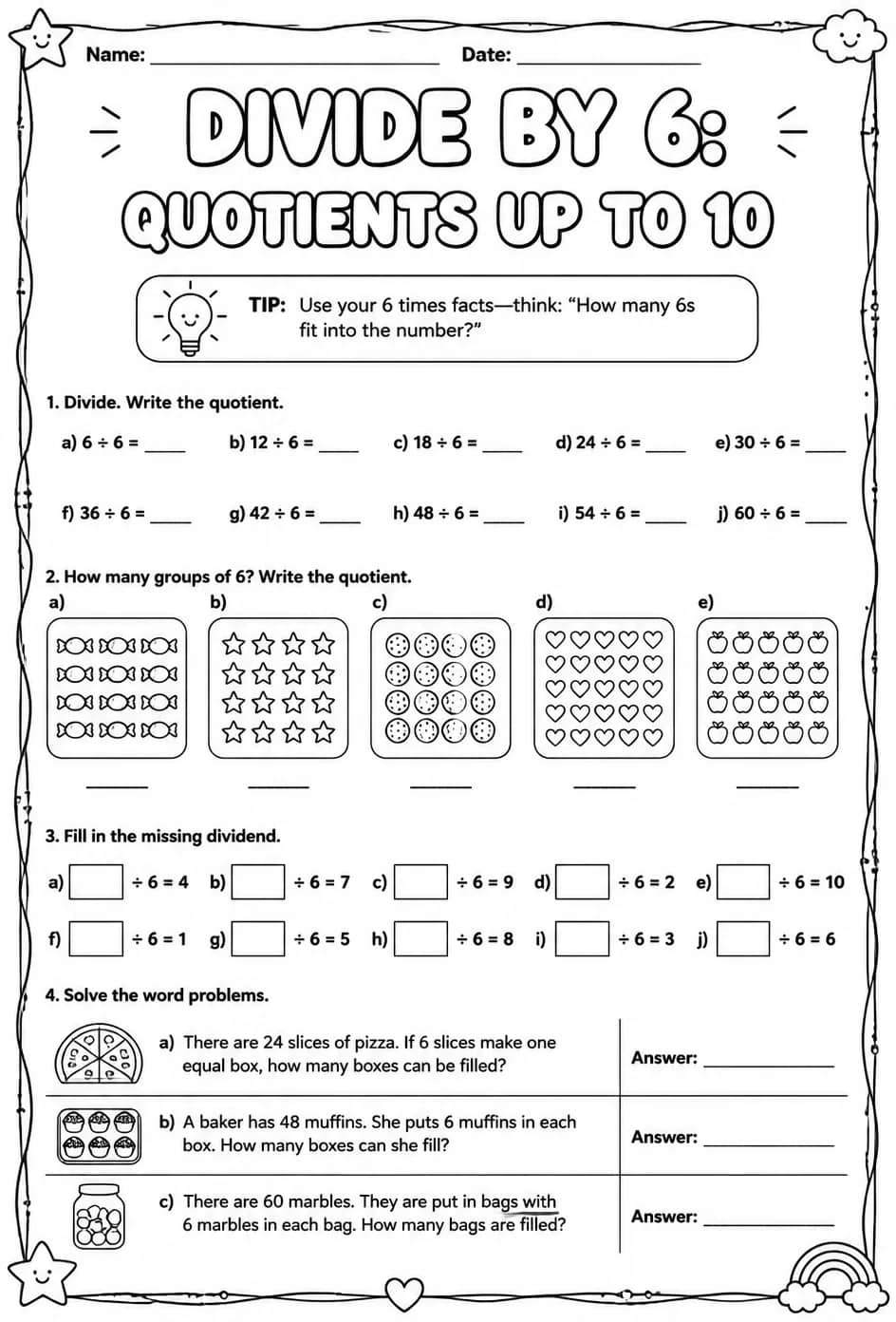 Divide by 6: quotients up to 10 — free printable Grade 3 math worksheet