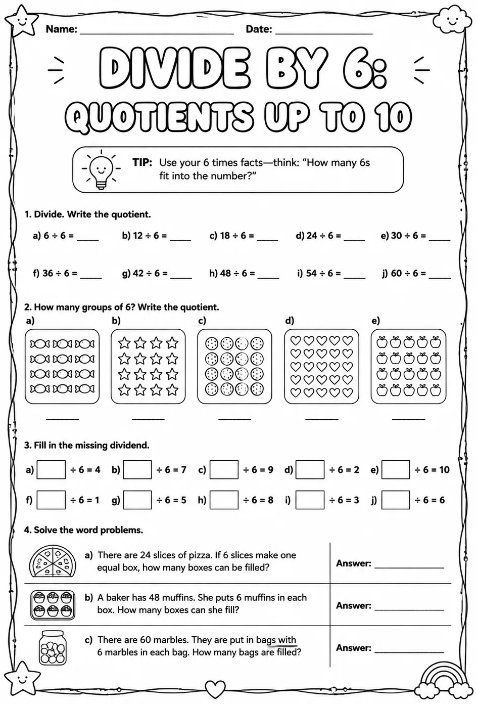 Divide by 6: quotients up to 10 — free printable Grade 3 math worksheet
