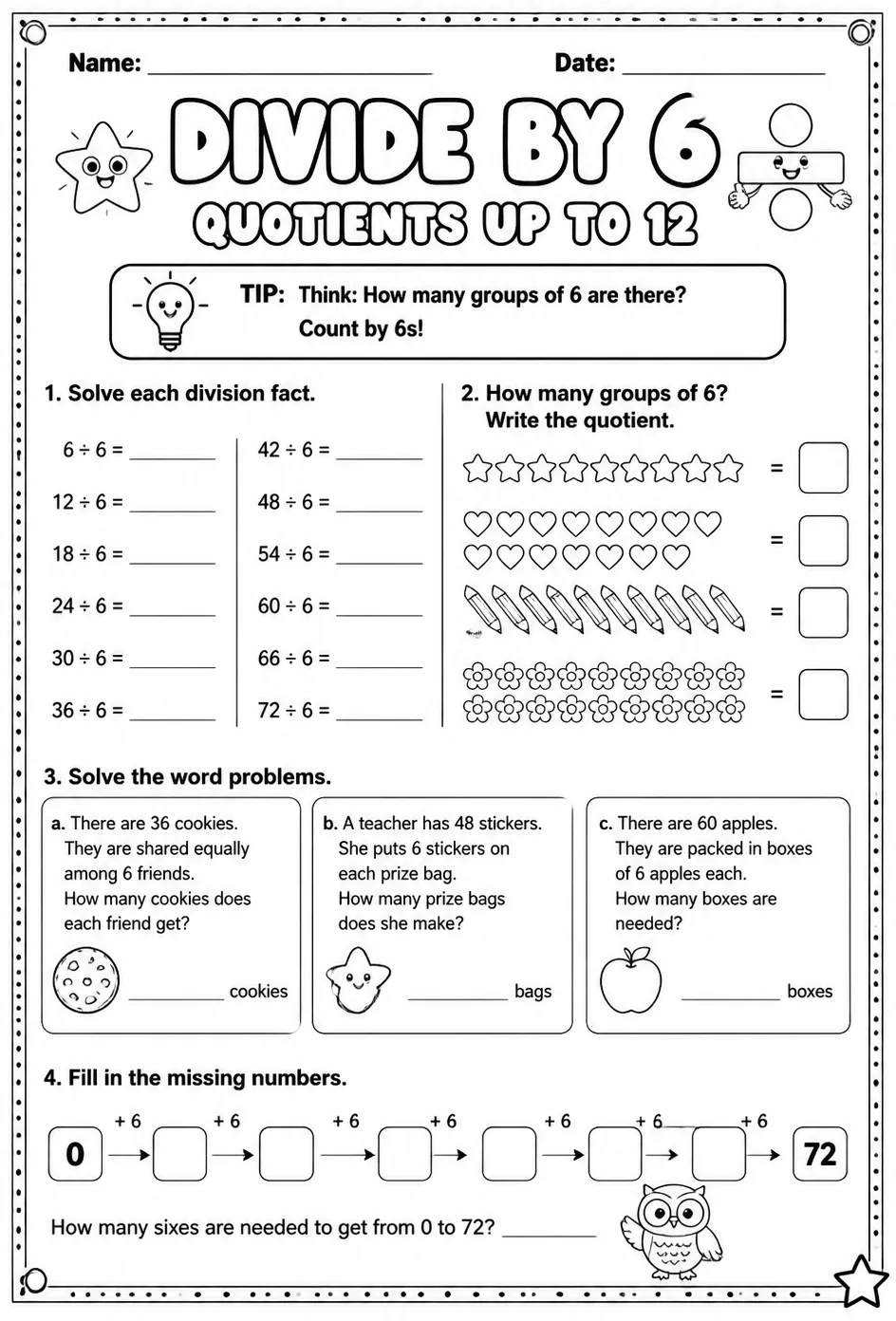 Divide by 6: quotients up to 12 — free printable Grade 3 math worksheet