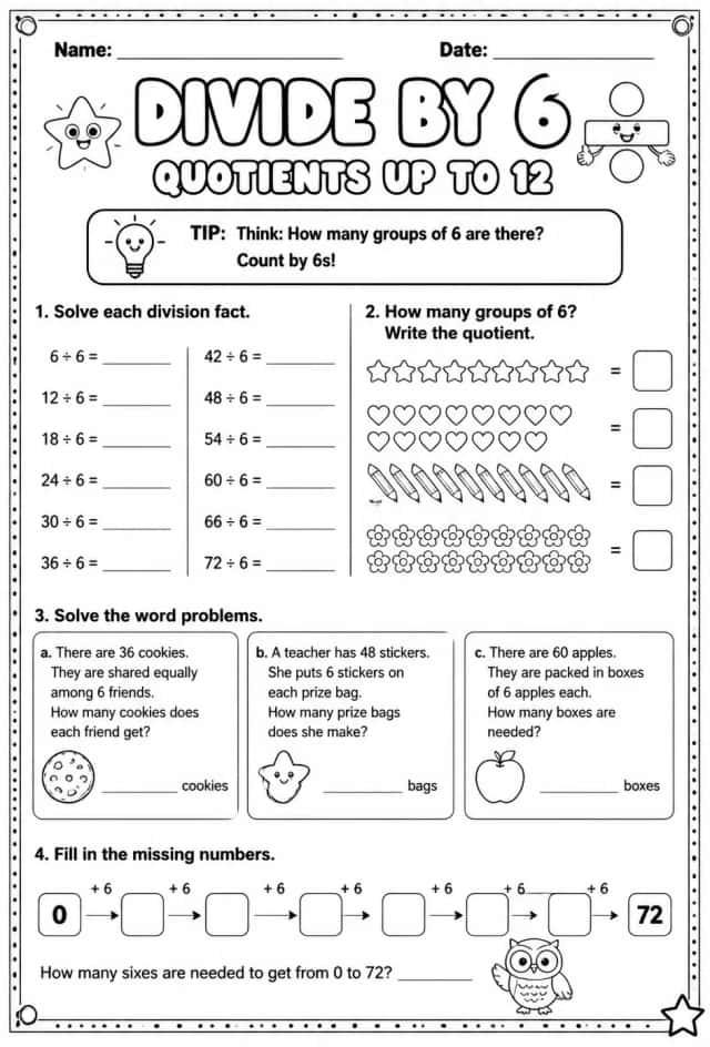 Divide by 6: quotients up to 12