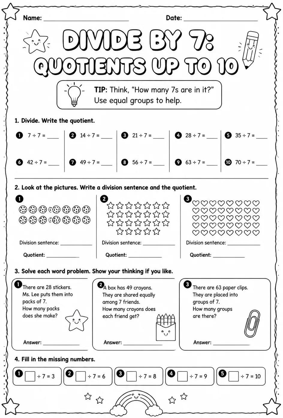 Divide by 7: quotients up to 10 — free printable Grade 3 math worksheet