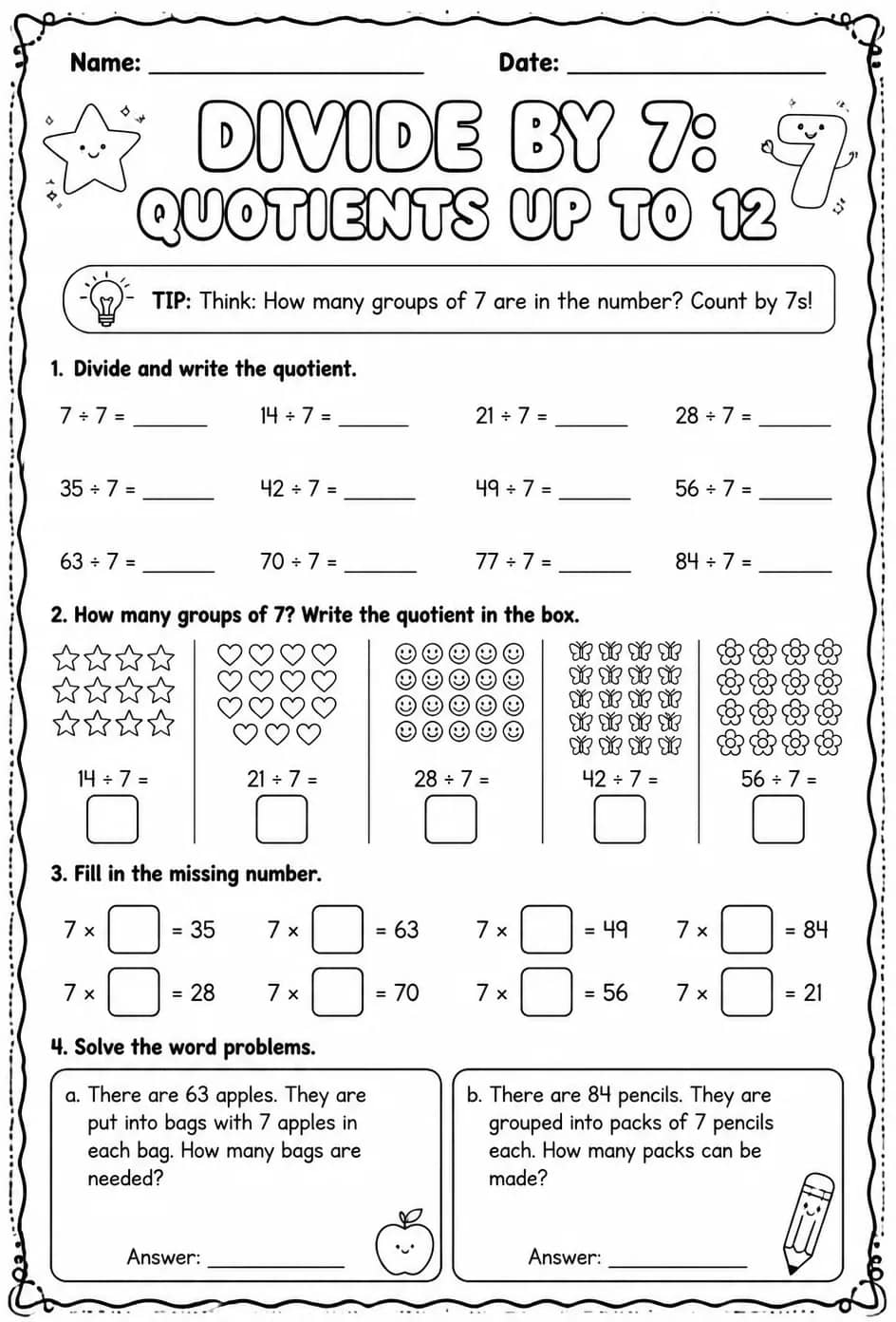 Divide by 7: quotients up to 12 — free printable Grade 3 math worksheet
